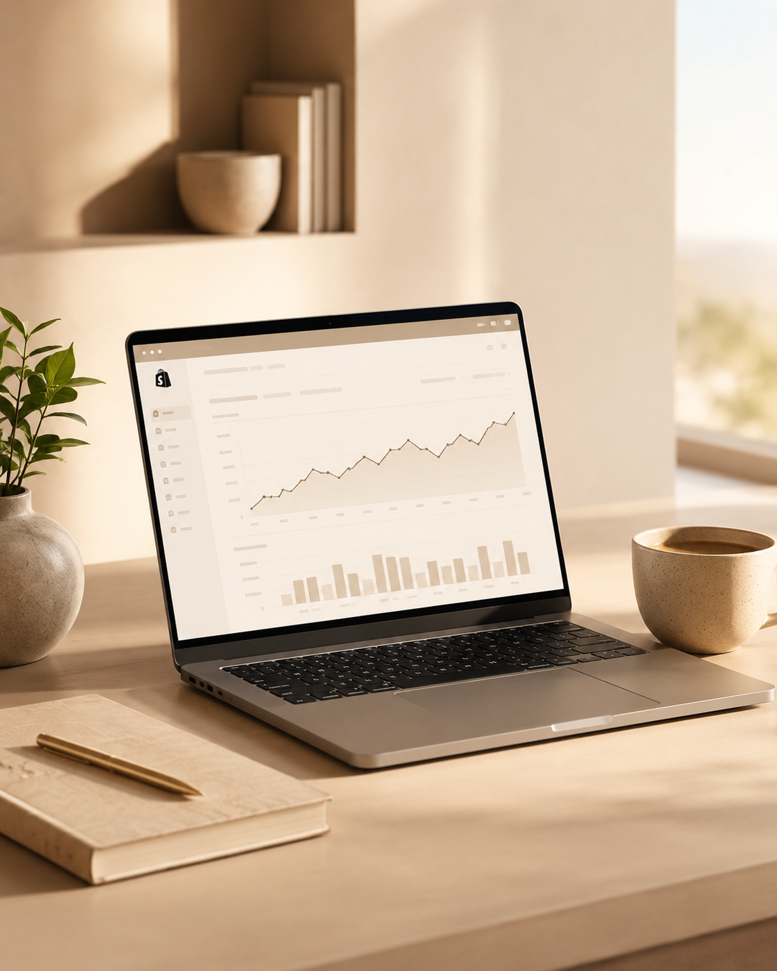Laptop workspace with ecommerce growth dashboard